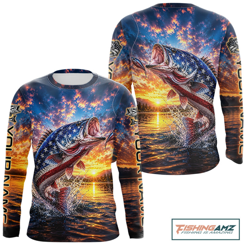 American Flag Bass Fishing Jersey – Patriotic Sunset Lake Angler Long Sleeve For Men