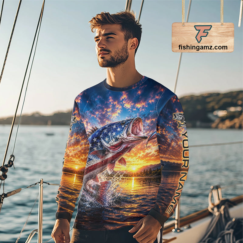 American Flag Bass Fishing Jersey – Patriotic Sunset Lake Angler Long Sleeve For Men