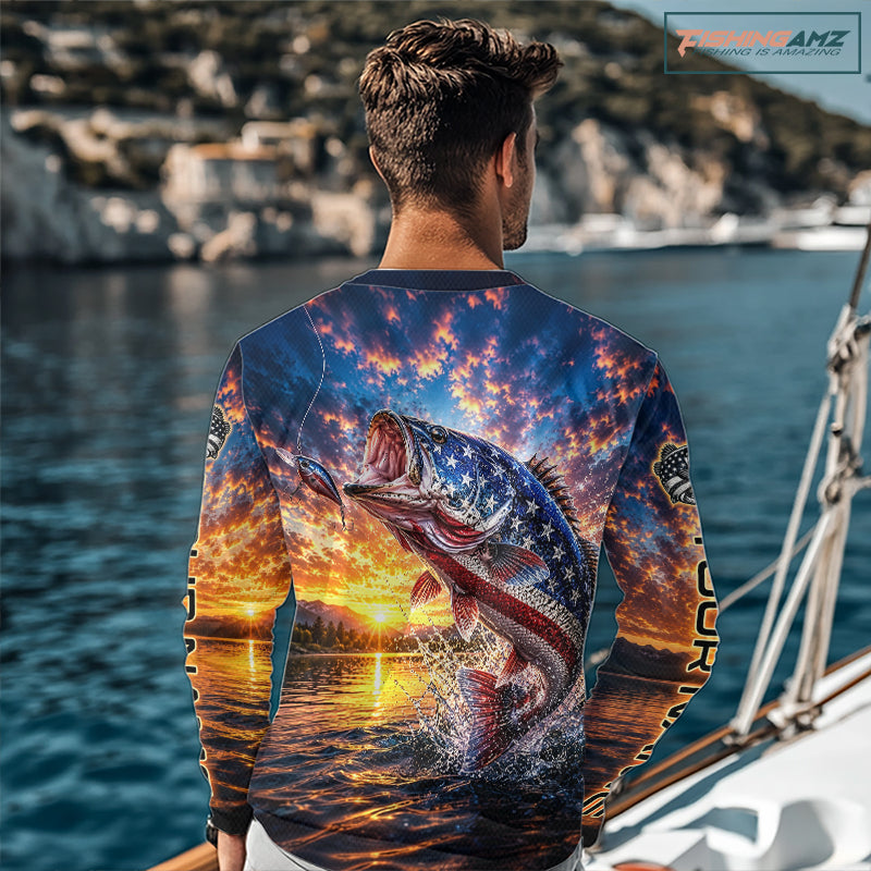 American Flag Bass Fishing Jersey – Patriotic Sunset Lake Angler Long Sleeve For Men