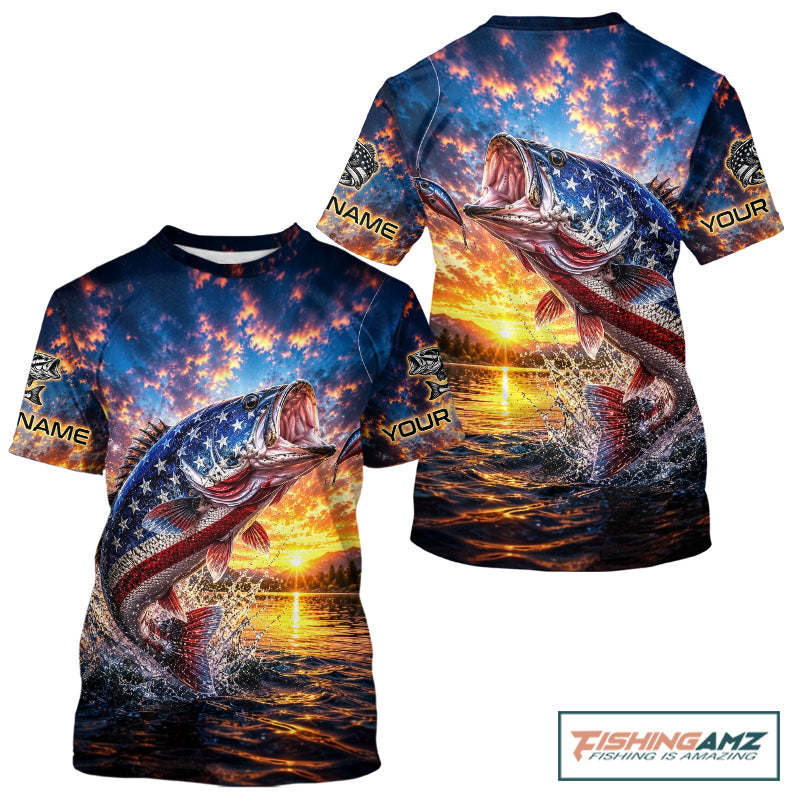 American Flag Bass Fishing Jersey – Patriotic Sunset Lake Angler T-Shirt For Men