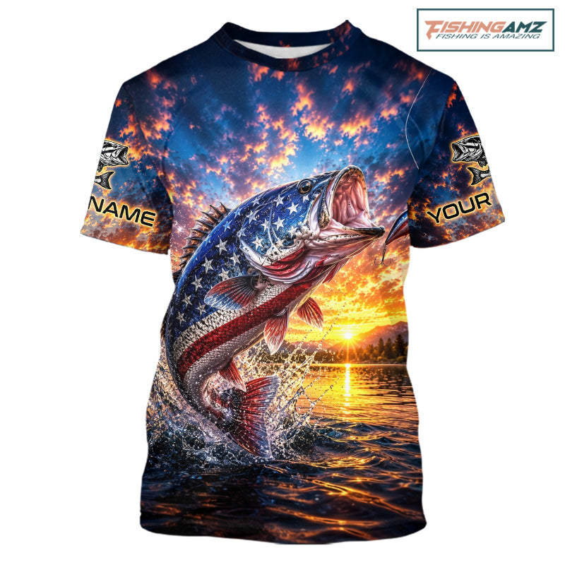 American Flag Bass Fishing Jersey – Patriotic Sunset Lake Angler T-Shirt For Men