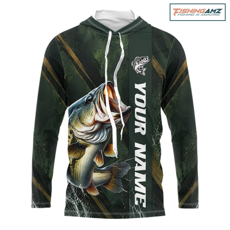 Personalized Hooded Bass Fishing Jersey – Green Angler Shirt Custom Name, Fishing Gift For Men NHT874