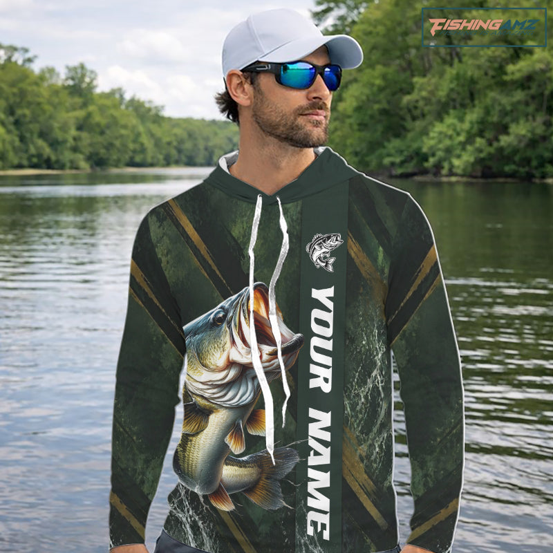 Personalized Hooded Bass Fishing Jersey – Green Angler Shirt Custom Name, Fishing Gift For Men NHT874