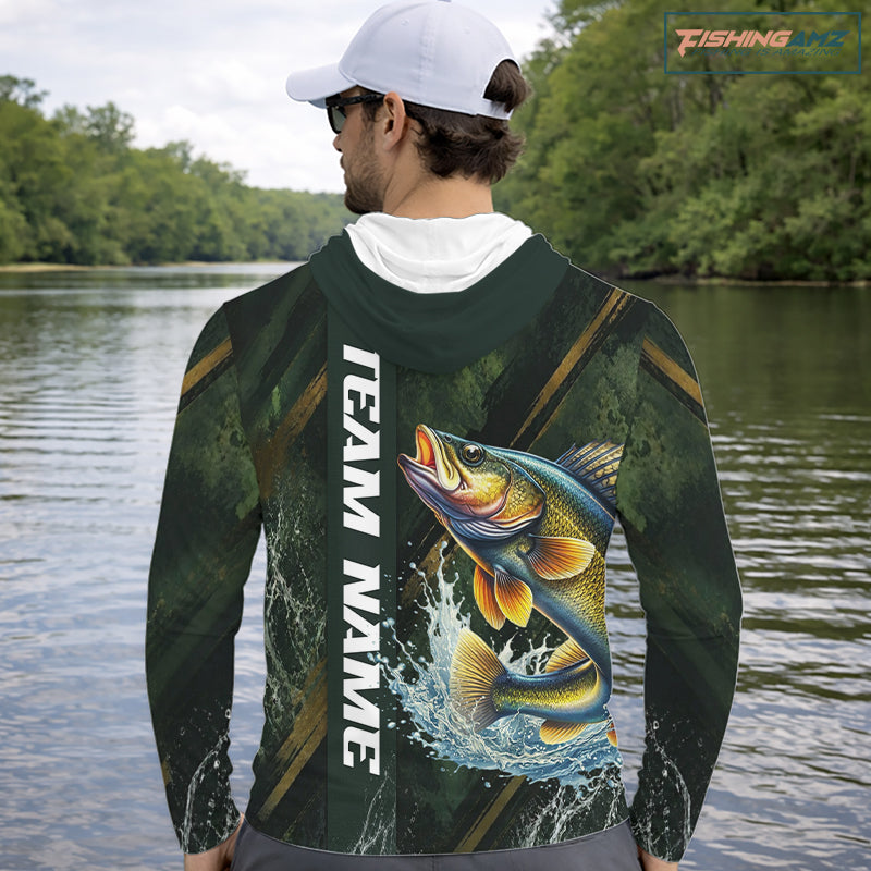 Personalized Hooded Walleye Fishing Jersey – Green Angler Shirt Custom Name, Fishing Gift For Men NHT876