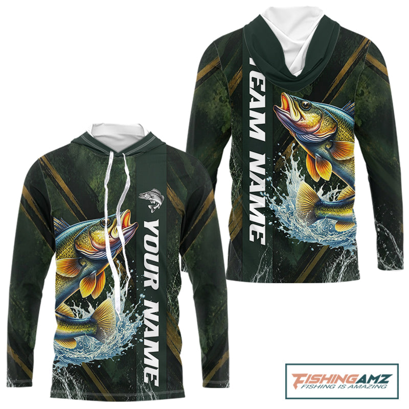 Personalized Hooded Walleye Fishing Jersey – Green Angler Shirt Custom Name, Fishing Gift For Men NHT876