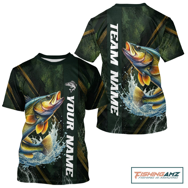 Personalized  T-shirts Walleye Fishing Jersey – Green Angler Shirt Custom Name, Fishing Gift For Men