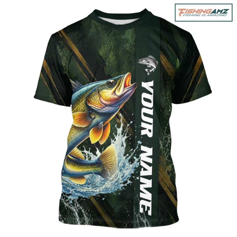 Personalized  T-shirts Walleye Fishing Jersey – Green Angler Shirt Custom Name, Fishing Gift For Men