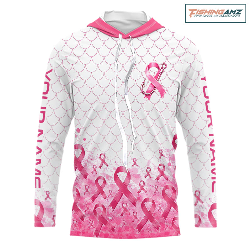 Breast Cancer Awareness Fishing Shirt Long Sleeve Hooded Pink Ribbon Fishing Jersey For Women, Men NHT1498