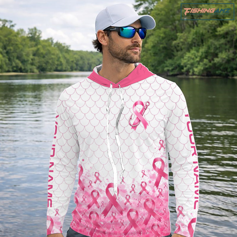 Breast Cancer Awareness Fishing Shirt Long Sleeve Hooded Pink Ribbon Fishing Jersey For Women, Men NHT1498