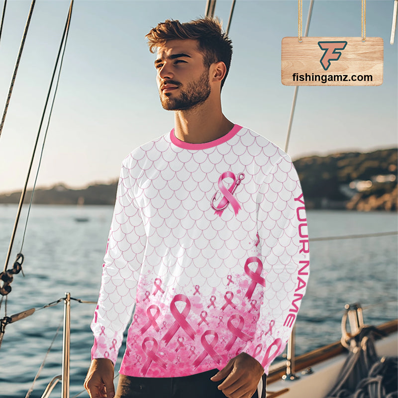 Breast Cancer Awareness Fishing Shirt Long Sleeve Pink Ribbon Fishing Jersey For Women, Men NHT1498