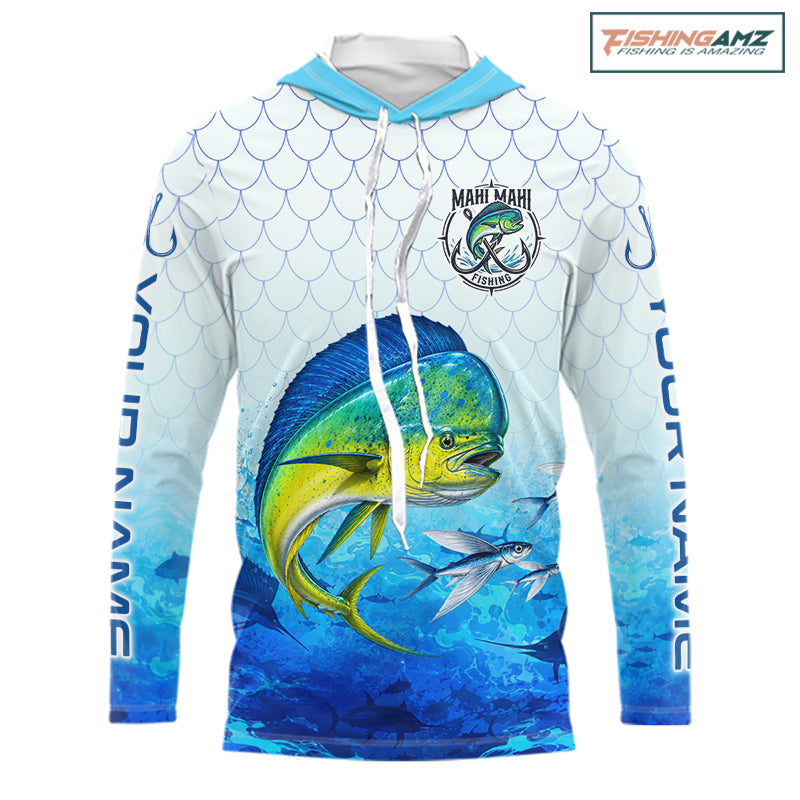 Custom Mahi Mahi Fishing Shirt Long Sleeve Hooded, Personalized Dorado Fishing Jersey For Men NHT1499