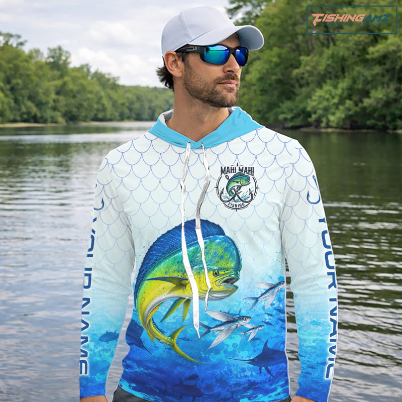 Custom Mahi Mahi Fishing Shirt Long Sleeve Hooded, Personalized Dorado Fishing Jersey For Men NHT1499
