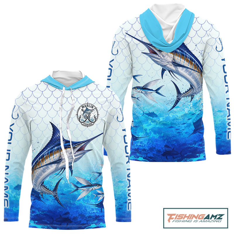 Custom Marlin Fishing Shirt Long Sleeve Hooded, Personalized Marlin Fishing Jersey For Men NHT1500