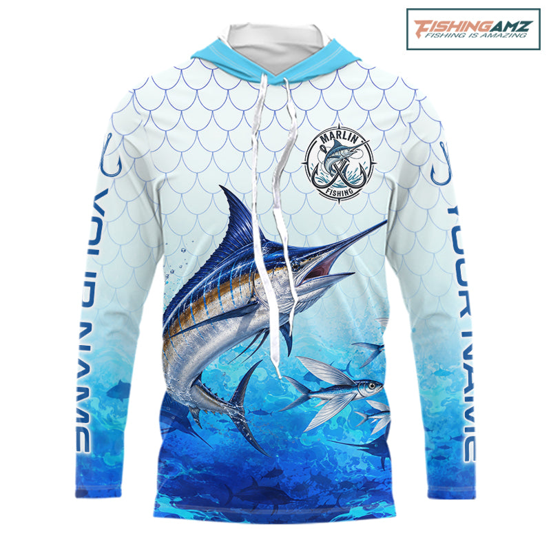 Custom Marlin Fishing Shirt Long Sleeve Hooded, Personalized Marlin Fishing Jersey For Men NHT1500