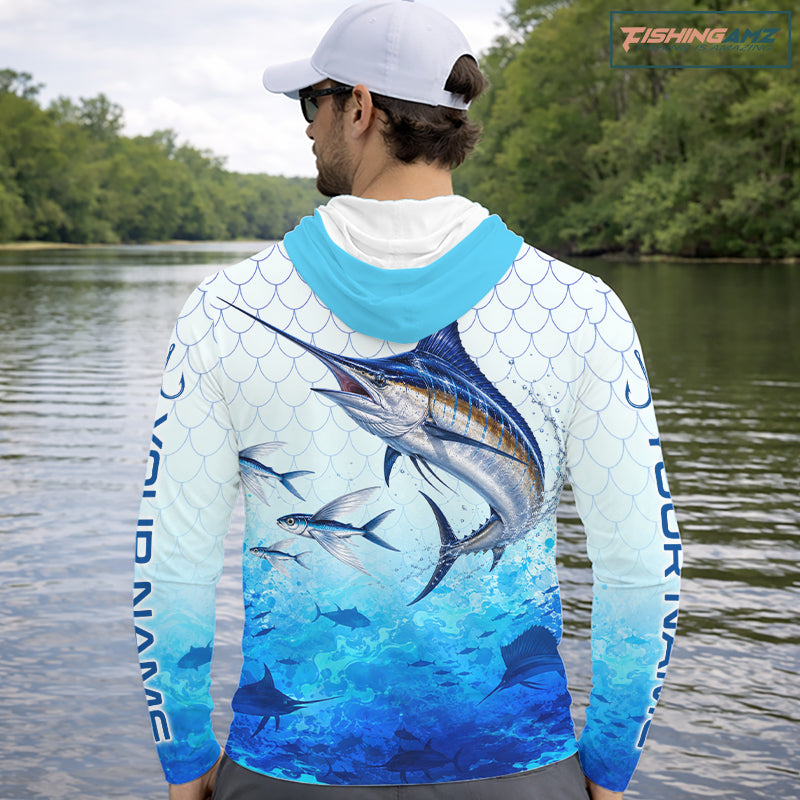 Custom Marlin Fishing Shirt Long Sleeve Hooded, Personalized Marlin Fishing Jersey For Men NHT1500
