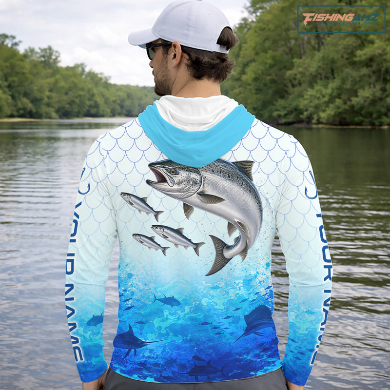 Custom Chinook Salmon Fishing Shirt Long Sleeve Hooded, Personalized Salmon Fishing Jersey For Men NHT1501