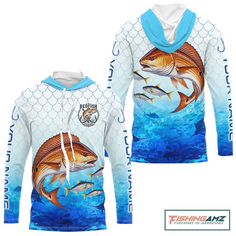 Custom Redfish Fishing Shirt Long Sleeve Hooded, Personalized Red Drum Fishing Jersey For Men NHT1502