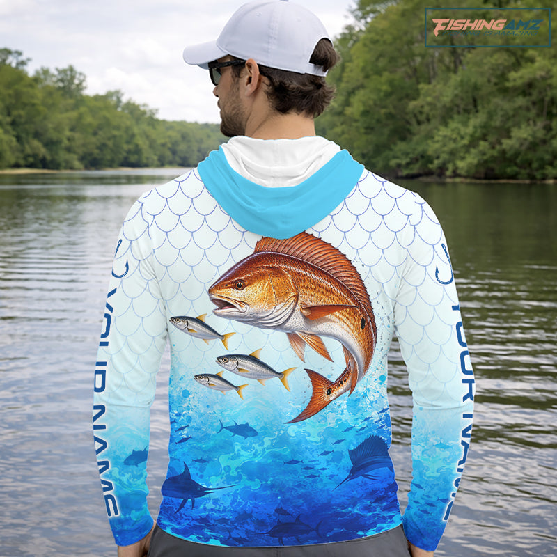 Custom Redfish Fishing Shirt Long Sleeve Hooded, Personalized Red Drum Fishing Jersey For Men NHT1502