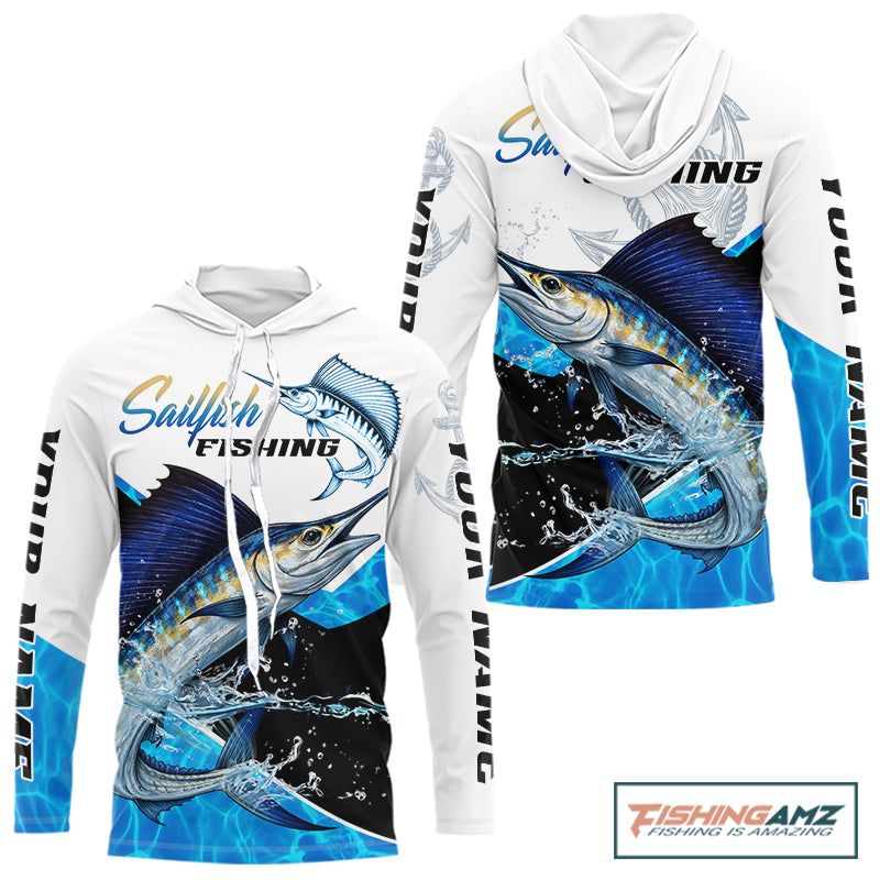 Custom Sailfish Saltwater Fishing Shirts Long Sleeve Hooded Designed For Deep Sea Anglers NHT1356