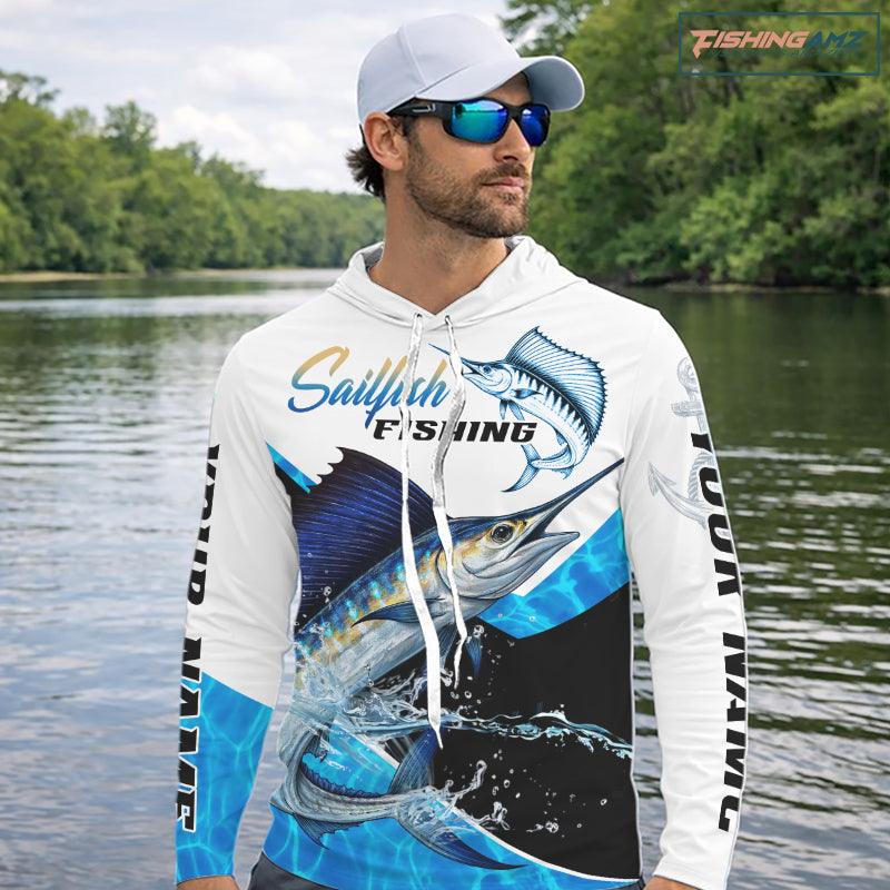 Custom Sailfish Saltwater Fishing Shirts Long Sleeve Hooded Designed For Deep Sea Anglers NHT1356