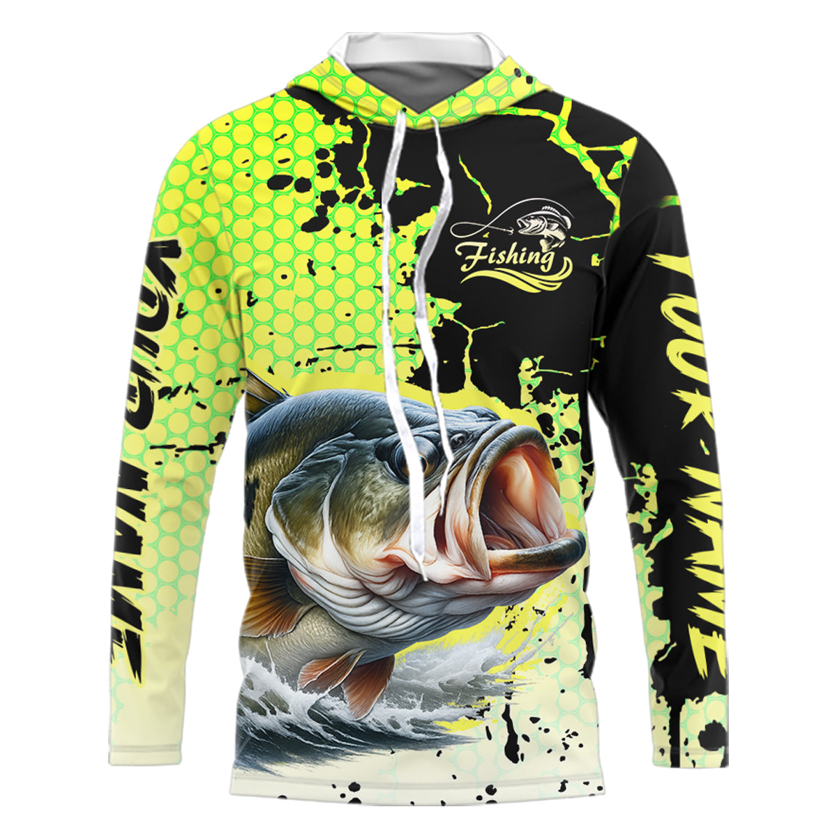 Largemouth Bass Fishing Shirts Long Sleeve Hooded UPF Custom Bass Fishing Apparel NHT406