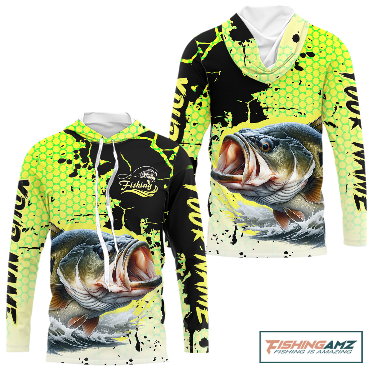 Largemouth Bass Fishing Shirts Long Sleeve Hooded UPF Custom Bass Fishing Apparel NHT406