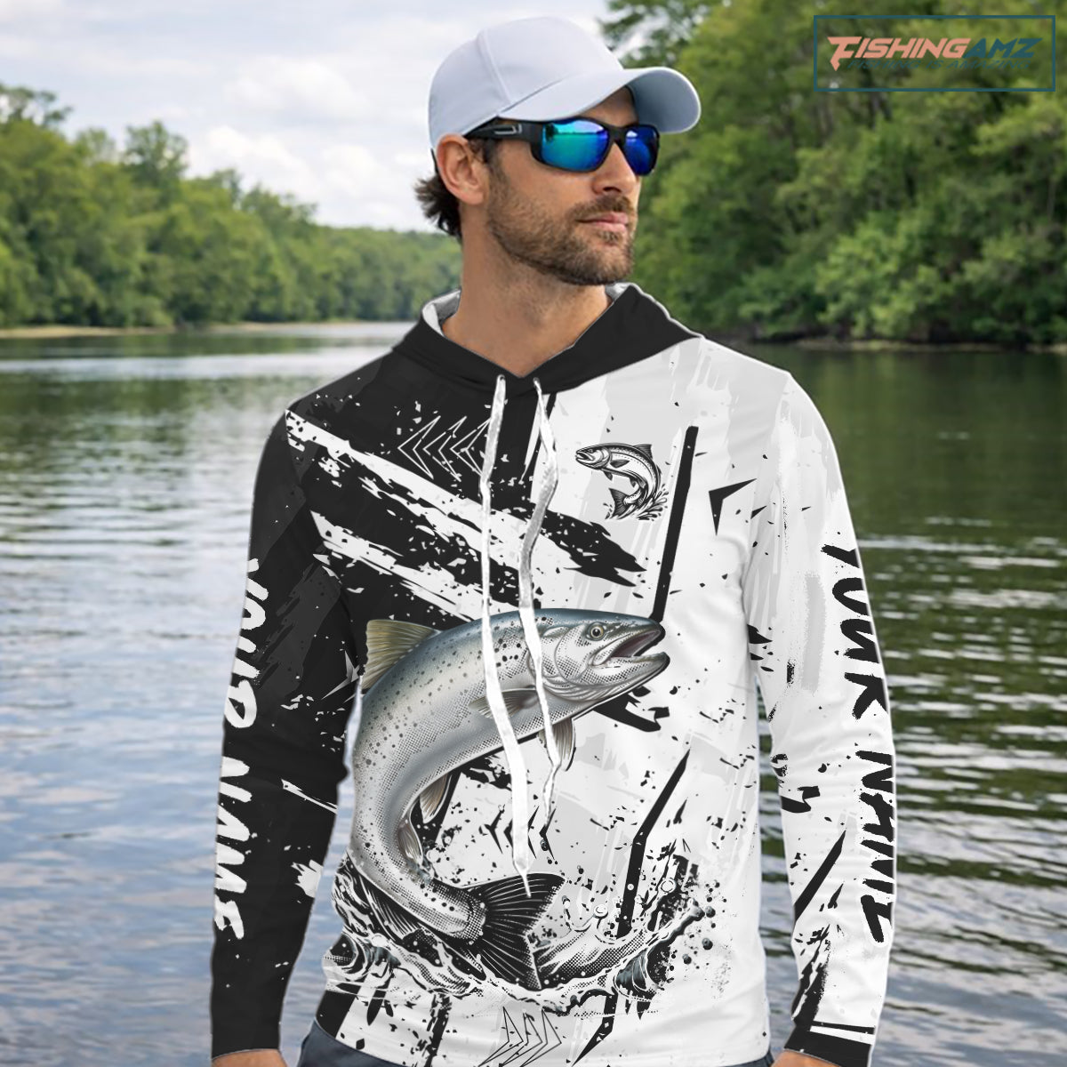 Chinook Salmon (King Salmon) Fishing Black White Camo, Performance Fishing Shirts NHT462