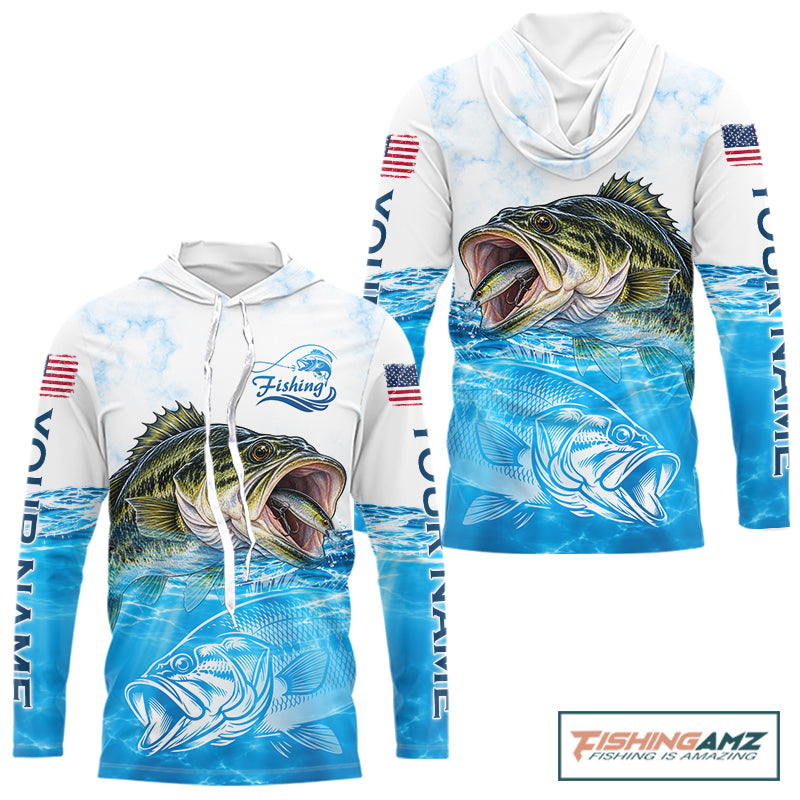 Blue Largemouth Bass Fishing Shirt Custom US Flag Blue Ocean Sports Long Sleeve Hooded Jersey NHT1700