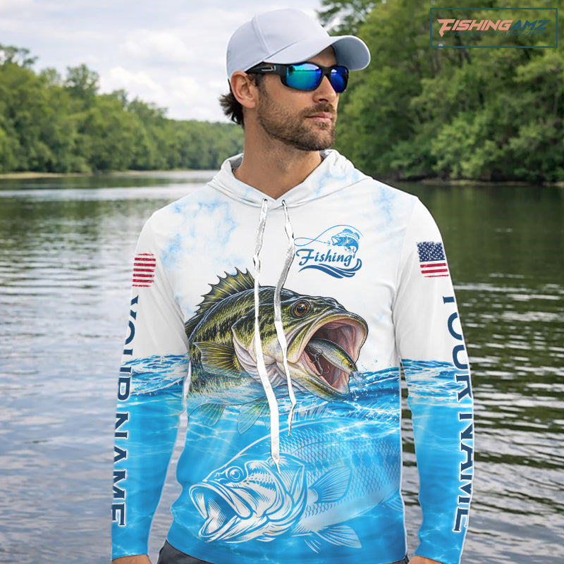 Blue Largemouth Bass Fishing Shirt Custom US Flag Blue Ocean Sports Long Sleeve Hooded Jersey NHT1700