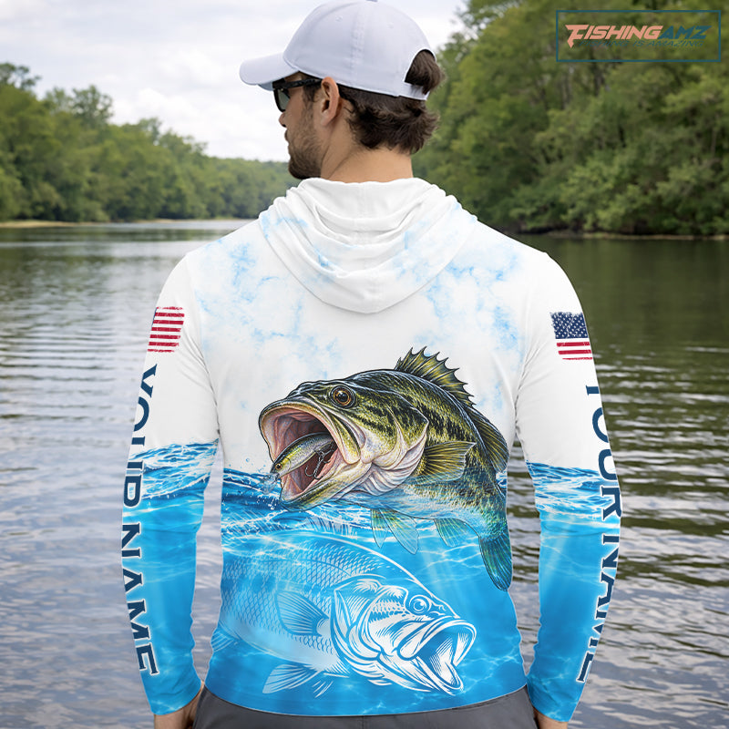 Blue Largemouth Bass Fishing Shirt Custom US Flag Blue Ocean Sports Long Sleeve Hooded Jersey NHT1700