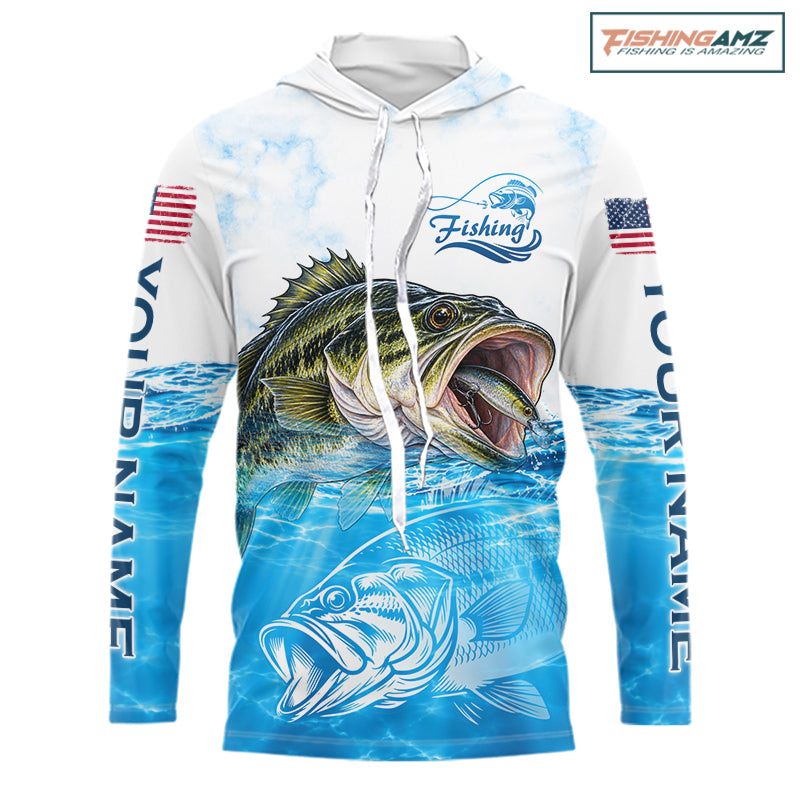 Blue Largemouth Bass Fishing Shirt Custom US Flag Blue Ocean Sports Long Sleeve Hooded Jersey NHT1700