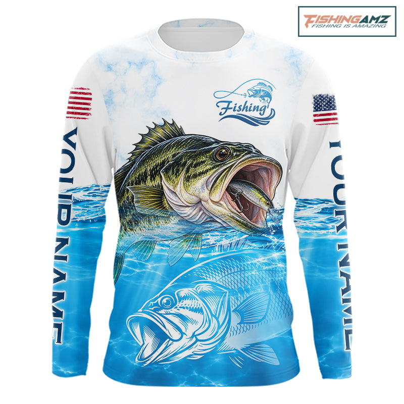 Blue Largemouth Bass Fishing Shirt Custom US Flag Blue Ocean Sports Long Sleeve Jersey NHT1700