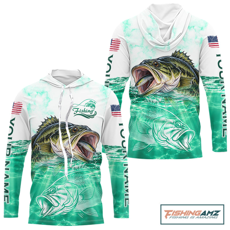 Green Largemouth Bass Fishing Shirt Custom US Flag Blue Ocean Sports Long Sleeve Hooded Jersey NHT1701