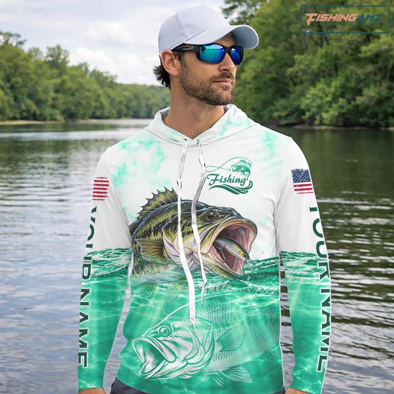 Green Largemouth Bass Fishing Shirt Custom US Flag Blue Ocean Sports Long Sleeve Hooded Jersey NHT1701