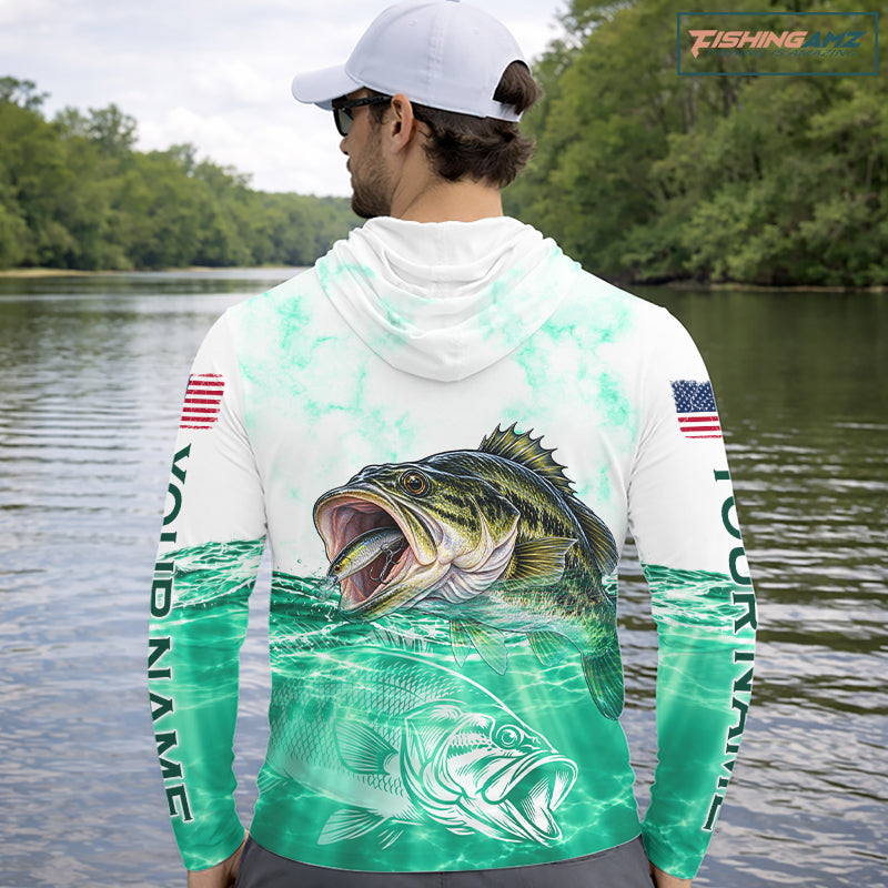 Green Largemouth Bass Fishing Shirt Custom US Flag Blue Ocean Sports Long Sleeve Hooded Jersey NHT1701