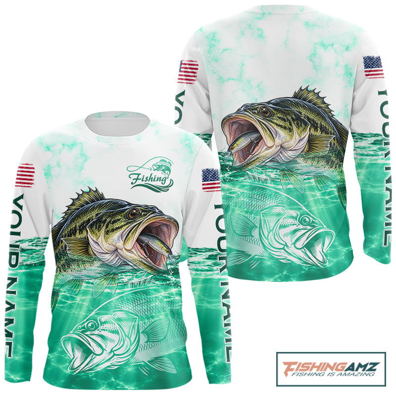 Green Largemouth Bass Fishing Shirt Custom US Flag Blue Ocean Sports Long Sleeve Jersey NHT1701