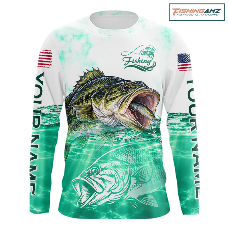 Green Largemouth Bass Fishing Shirt Custom US Flag Blue Ocean Sports Long Sleeve Jersey NHT1701