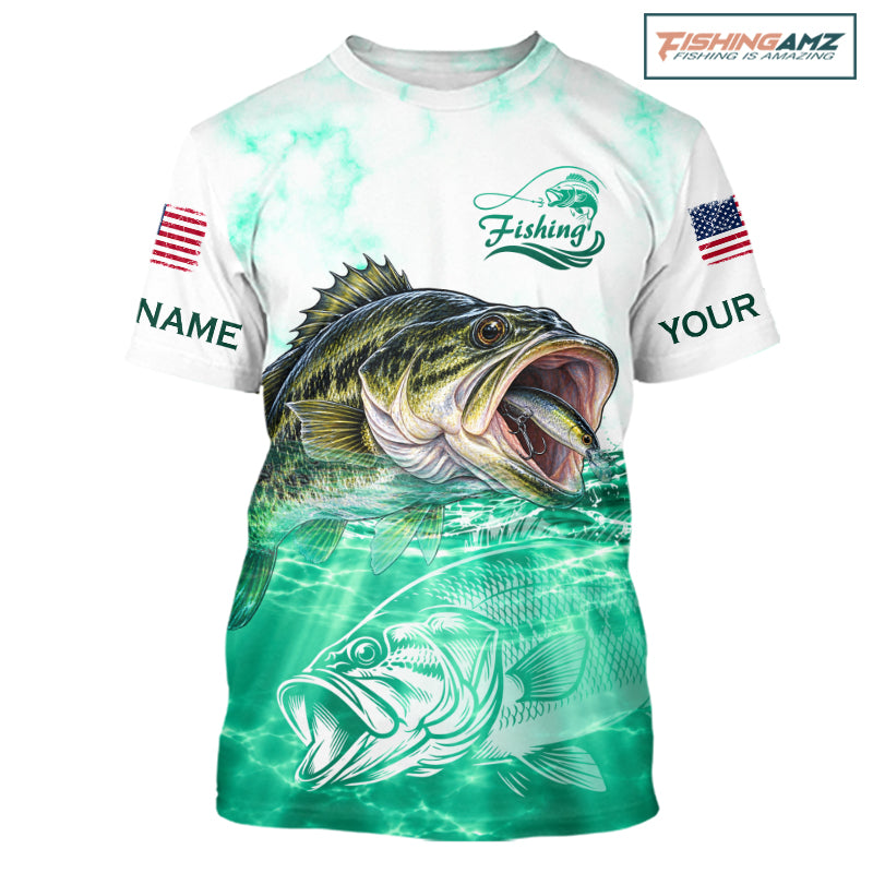 Green Largemouth Bass Fishing Shirt Custom US Flag Blue Ocean Sports Short Sleeve Jersey NHT1701