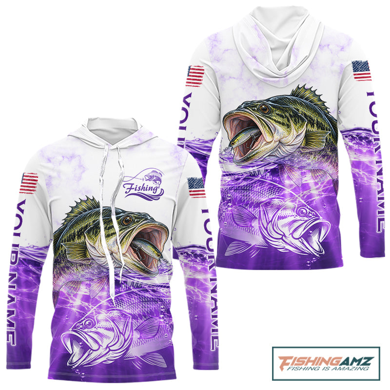 Purple Largemouth Bass Fishing Shirt Custom US Flag Blue Ocean Sports Long Sleeve Hooded Jersey NHT1702