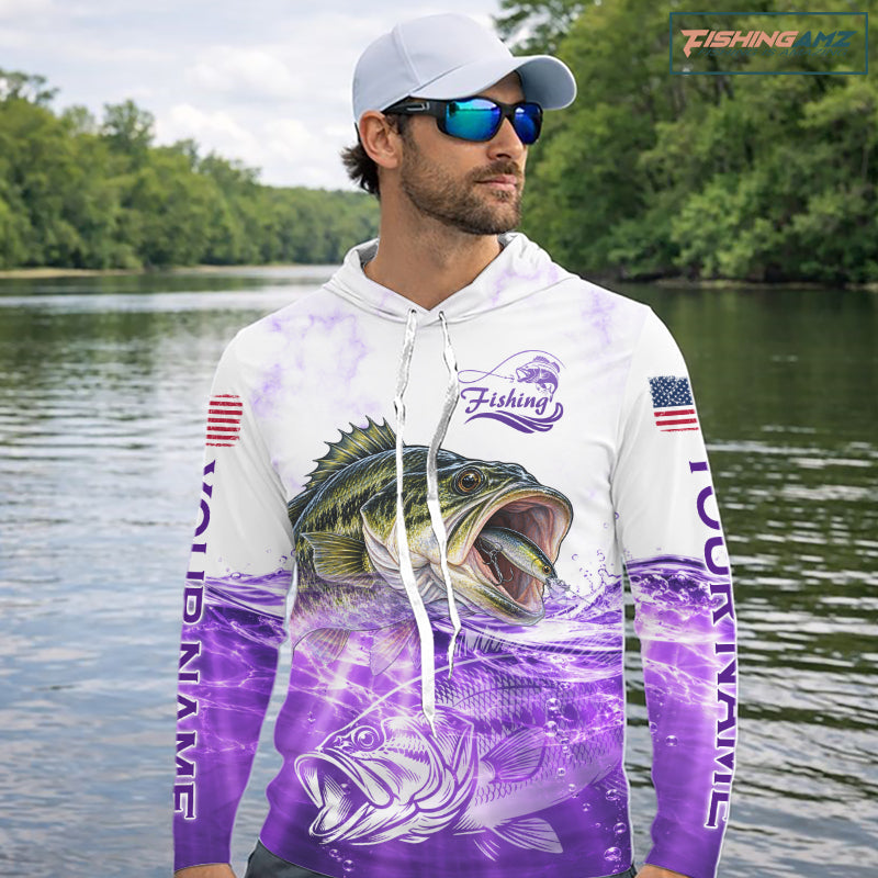Purple Largemouth Bass Fishing Shirt Custom US Flag Blue Ocean Sports Long Sleeve Hooded Jersey NHT1702
