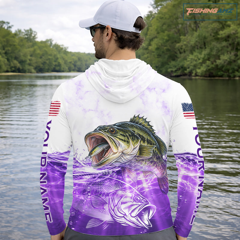 Purple Largemouth Bass Fishing Shirt Custom US Flag Blue Ocean Sports Long Sleeve Hooded Jersey NHT1702