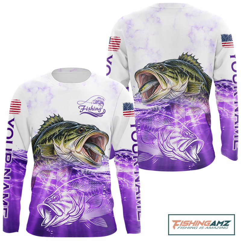 Purple Largemouth Bass Fishing Shirt Custom US Flag Blue Ocean Sports Long Sleeve Jersey NHT1702
