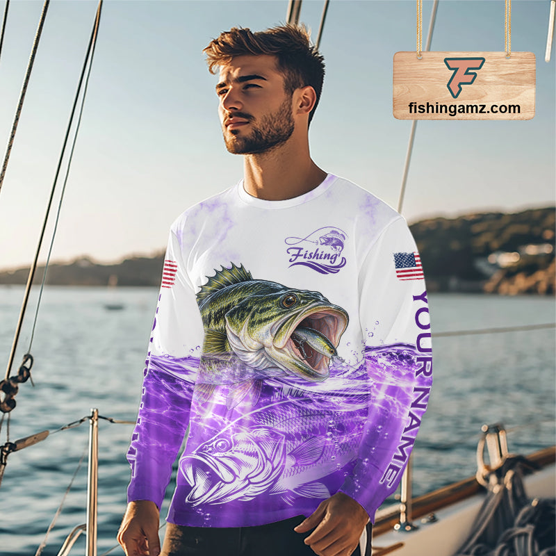 Purple Largemouth Bass Fishing Shirt Custom US Flag Blue Ocean Sports Long Sleeve Jersey NHT1702