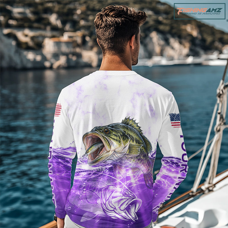 Purple Largemouth Bass Fishing Shirt Custom US Flag Blue Ocean Sports Long Sleeve Jersey NHT1702