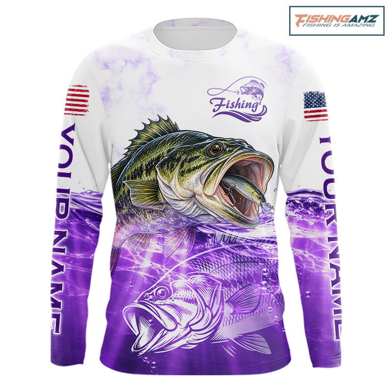 Purple Largemouth Bass Fishing Shirt Custom US Flag Blue Ocean Sports Long Sleeve Jersey NHT1702