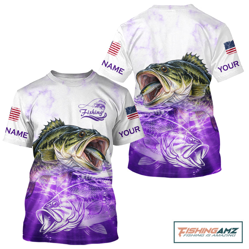 Purple Largemouth Bass Fishing Shirt Custom US Flag Blue Ocean Sports Short Sleeve Jersey NHT1702