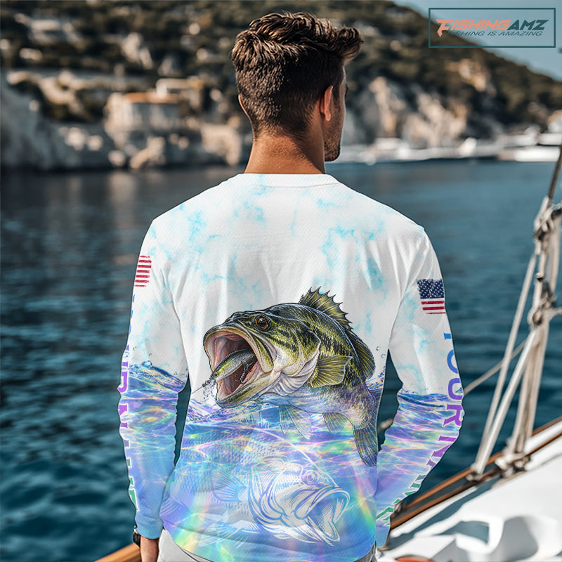 Hologram Largemouth Bass Fishing Shirt Custom US Flag Blue Ocean Sports Long Sleeve Jersey NHT1703