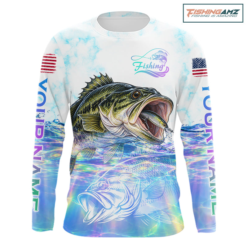 Hologram Largemouth Bass Fishing Shirt Custom US Flag Blue Ocean Sports Long Sleeve Jersey NHT1703