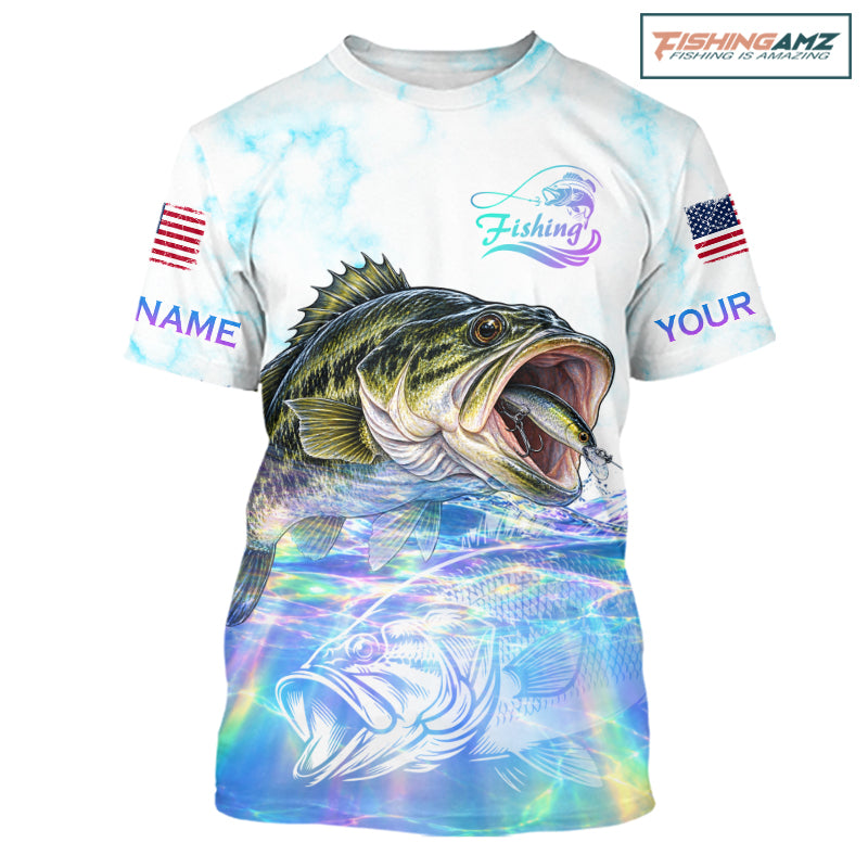 Hologram Largemouth Bass Fishing Shirt Custom US Flag Blue Ocean Sports Short Sleeve Jersey NHT1703