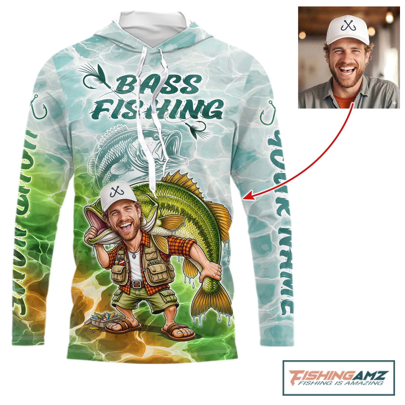 Custom Photo Scale Funny Bass Fishing Shirts Long Sleeve Hooded For Men, Fishing Team Jersey